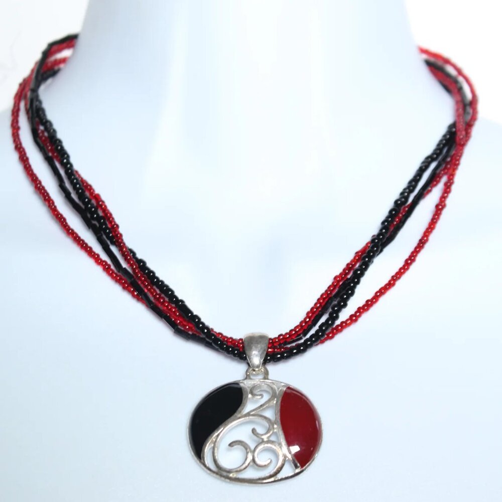 Tribal Multi Strand Red Black Micro Beaded Silver Pendant Collar Necklace